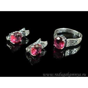 Кольцо и серьги с цирконом искусственным, цвет малиновый  (иск.)