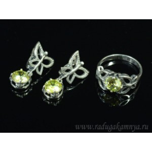Кольцо и серьги с цирконом искусственным, цвет лимонный  (иск.)