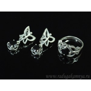 Кольцо и серьги с цирконом искусственным, цвет черный  (иск.)