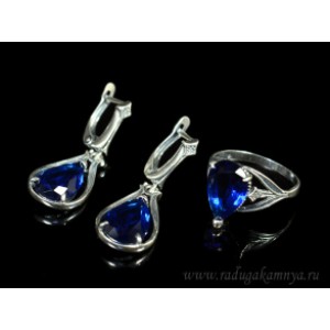 Кольцо и серьги с цирконом искусственным, цвет синий  (иск.)