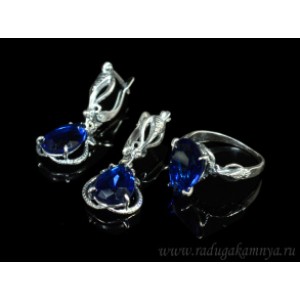 Кольцо и серьги с цирконом искусственным цвет синий  (иск.)