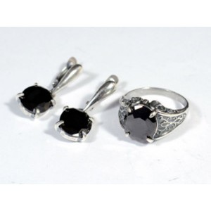 Кольцо и серьги с цирконом искусственным, цвет черный  (иск.)