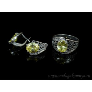 Кольцо и серьги с цирконом искусственным, цвет  лимонный  (иск.)