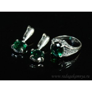 Кольцо и серьги с цирконом искусственным, цвет зеленый  (иск.)