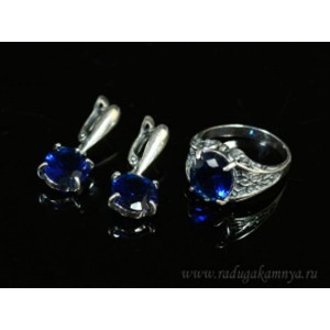 Кольцо и серьги с цирконом искусственным, цвет синий  (иск.)