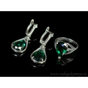 Кольцо и серьги с цирконом искусственным, цвет зеленый (иск.)