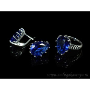 Кольцо и серьги с цирконом искусственным, цвет синий  (иск.)