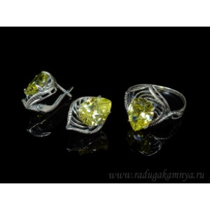 Кольцо и серьги с цирконом искусственным цвет  лимонный  (иск.)