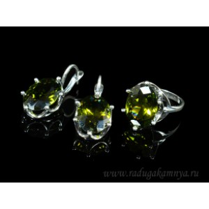 Кольцо и серьги с цирконом искусственным, цвет  олива  (иск.)
