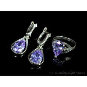 Кольцо и серьги с цирконом искусственным, цвет лаванда (иск.)