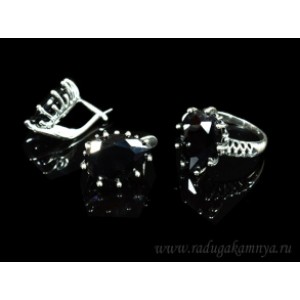 Кольцо и серьги с цирконом искусственным, цвет черный  (иск.)