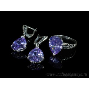 Кольцо и серьги с цирконом искусственным, цвет лаванда  (иск.)