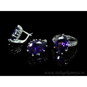 Кольцо и серьги с цирконом искусственным, цвет сиреневый  (иск.)