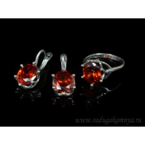 Кольцо и серьги с цирконом искусственным, цвет  красный  (иск.)