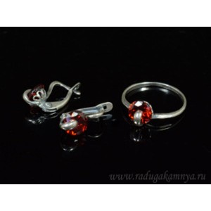 Кольцо и серьги с цирконом искусственным, цвет  красный  (иск.)