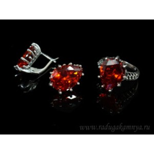 Кольцо и серьги с цирконом искусственным, цвет красный  (иск.)