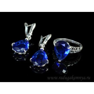 Кольцо и серьги с цирконом искусственным, цвет синий  (иск.)
