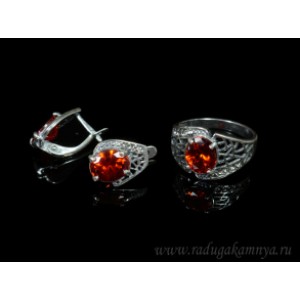 Кольцо и серьги с цирконом искусственным, цвет  красный  (иск.)