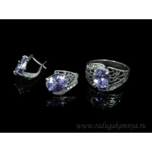Кольцо и серьги с цирконом искусственным, цвет  лаванда  (иск.)