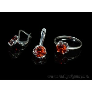 Кольцо и серьги с цирконом искусственным, цвет красный  (иск.)