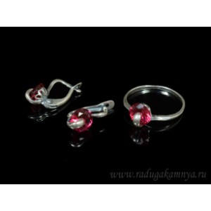 Кольцо и серьги циркон искусственный, цвет малиновый (иск.)