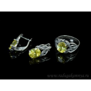 Кольцо и серьги с цирконом искусственным, цвет  лимонный  (иск.)