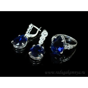Кольцо и серьги с цирконом искусственным, цвет синий  (иск.)