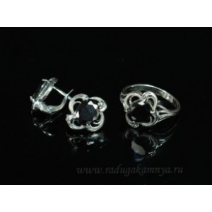 Кольцо и серьги с цирконом искусственным, цвет черный  (иск.)