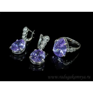 Кольцо и серьги с цирконом искусственным, цвет сиреневый  (иск.)
