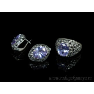 Кольцо и серьги с цирконом искусственным, цвет лаванда  (иск.)