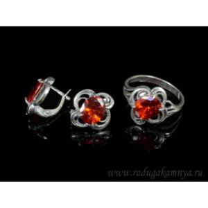Кольцо и серьги с цирконом искусственным, цвет красный  (иск.)