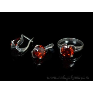 Кольцо и серьги с цирконом искусственным, цвет  красный  (иск.)