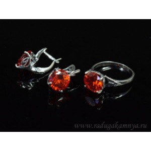Кольцо и серьги с цирконом искусственным, цвет алый  (иск.)