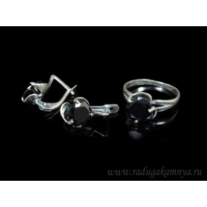 Кольцо и серьги с цирконом искусственным, цвет черный  (иск.)