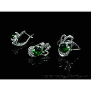 Кольцо и серьги с цирконом искусственным, цвет зеленый  (иск.)