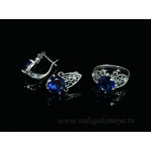 Кольцо и серьги с цирконом искусственным, цвет синий  (иск.)