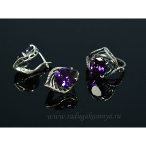 Кольцо и серьги с цирконом искусственным цвет  сиреневый  (иск.)