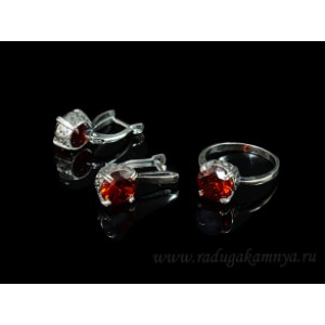 Кольцо и серьги с цирконом искусственным, цвет  красный  (иск.)