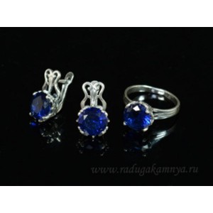 Кольцо и серьги с цирконом искусственным, цвет  синий  (иск.)