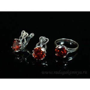 Кольцо и серьги с цирконом искусственным, цвет  красный  (иск.)