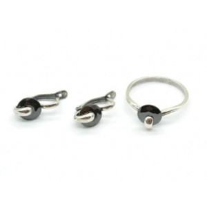 Кольцо и серьги с цирконом искусственным, цвет черный (иск.)