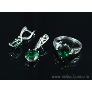 Кольцо и серьги с цирконом искусственным, цвет зеленый  (иск.)