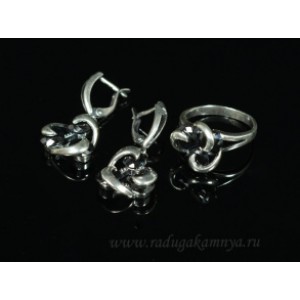 Кольцо и серьги с цирконом искусственным, цвет черный  (иск.)