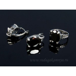 Кольцо и серьги с цирконом искусственным, цвет черный (иск.)