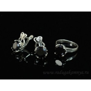 Кольцо и серьги с цирконом искусственным, цвет черный  (иск.)