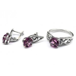 Кольцо и серьги с цирконом искусственным, цвет малиновый  (иск.)