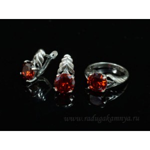Кольцо и серьги с цирконом искусственным, цвет красный  (иск.)