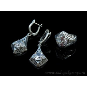 Кольцо и серьги с цирконом искусственным, цвет хрусталь  (иск.)