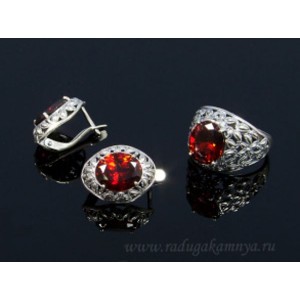 Кольцо и серьги с цирконом искусственным, цвет красный  (иск.)