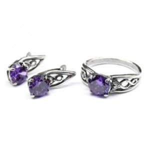 Кольцо и серьги с цирконом искусственным, цвет сиреневый  (иск.)